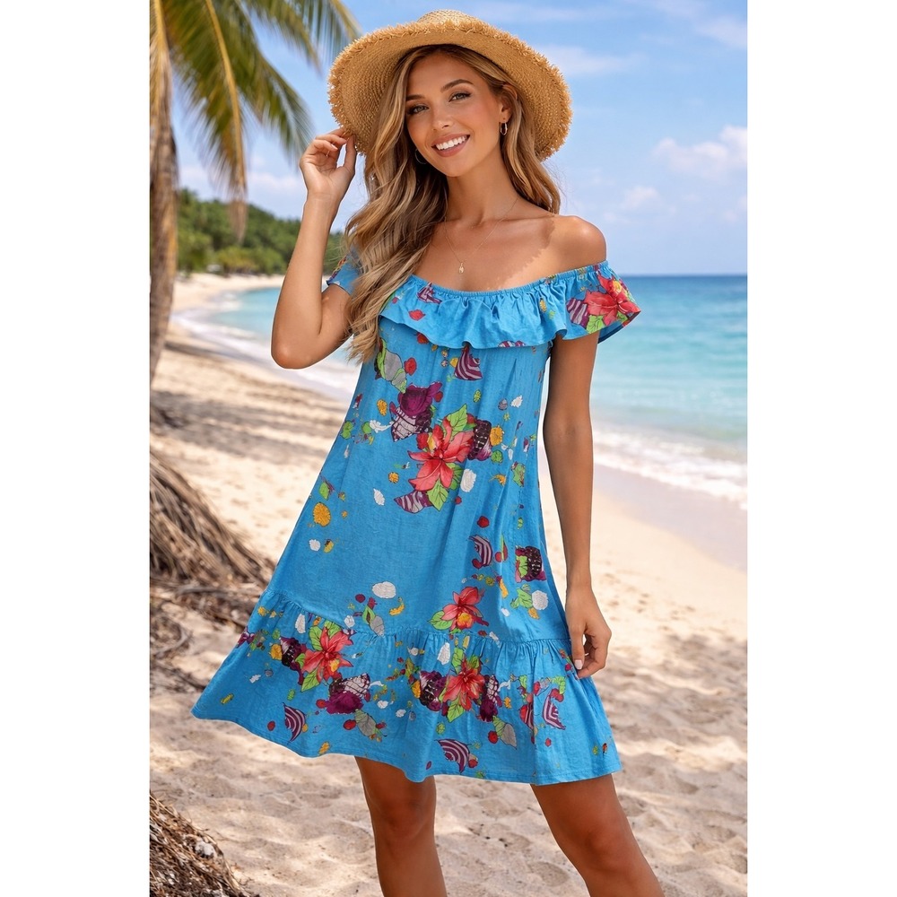 Hilo Hattie VTG Aloha Hawaii Beach Ruffle Cotton Luau Floral Dress MuuMuu Size S